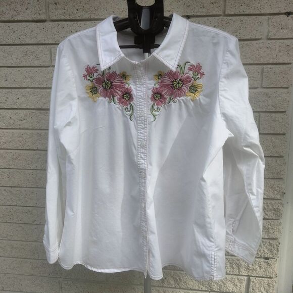 Bob Mackie White Shirt with Pink Yellow Embroidery Long Sleeve Button Up - Picture 1 of 11